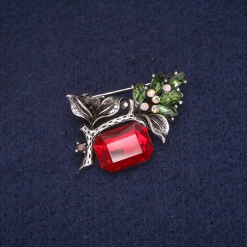 Discount! Twig Brooch with Red and Green Crystals and Rhinestones, Gray Metal 25x34mm