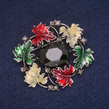 Sale! Leaves Brooch, Enamel with Crystal, Gray Metal 39×43 mm