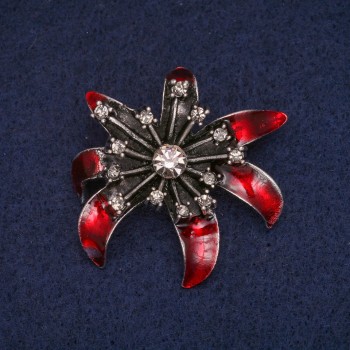 Sale! Flower Brooch with Red Enamel and Rhinestones, Gray Metal 37x41mm