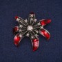 Sale! Flower Brooch with Red Enamel and Rhinestones, Gray Metal 37x41mm