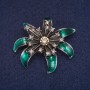 Discount! Flower Brooch with Green Enamel and Crystals, Gray Metal 37×41 mm