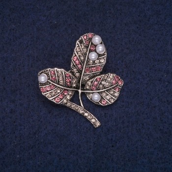 Sale! Leafy Brooch on a Branch with Beads, White and Pink Rhinestones, Gray Metal 29x32mm