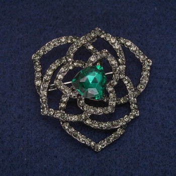 Sale! Flower Brooch with Green Crystal and Rhinestones, Gray Metal 42x43mm