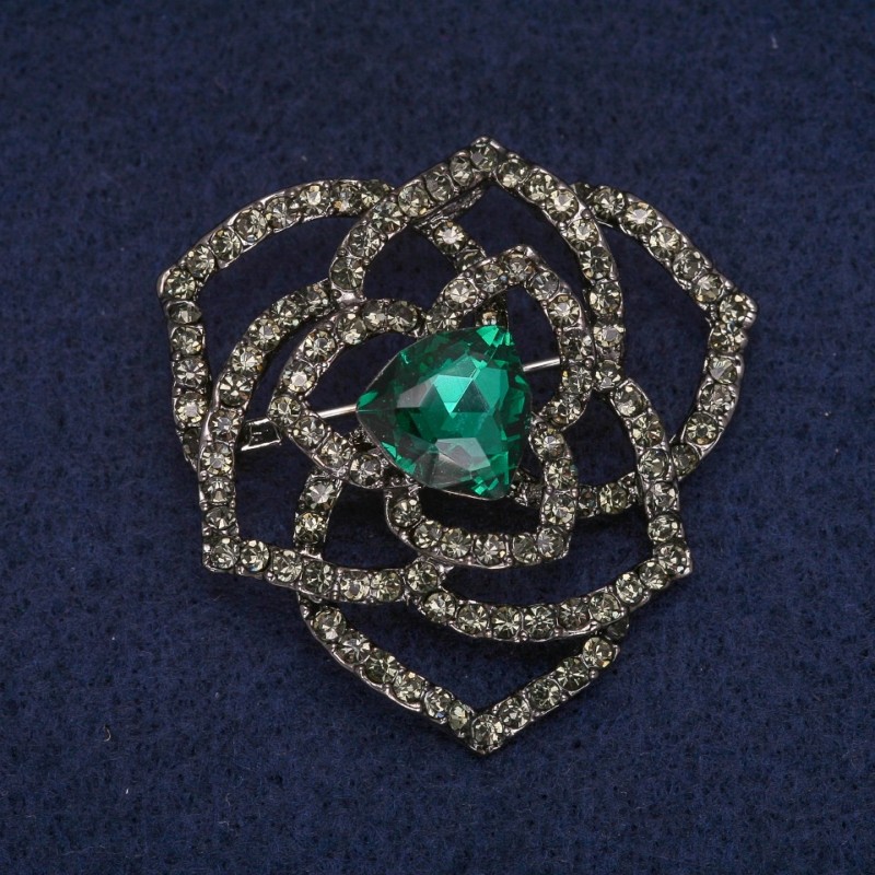Sale! Flower Brooch with Green Crystal and Rhinestones, Gray Metal 42x43mm