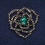 Sale! Flower Brooch with Green Crystal and Rhinestones, Gray Metal 42x43mm