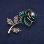 Sale! Rose Brooch with Green Enamel, Bead, and Rhinestones, Silver Metal Color 23x48 mm