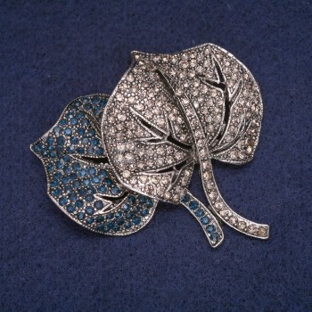 Discount! Leaf Brooch with Blue and Gray Crystals, Silver Metal, 54x54mm