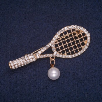 Sale! Tennis Racket Brooch with a Bead Pendant and White Crystals, Gold-Tone Metal 21x55mm