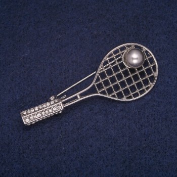 Discount! Tennis racket brooch with ball bead, silver-colored metal, white rhinestones 22x56 mm
