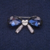 Sale! Bow Brooch with Blue Crystals, Silver Metal 20x40mm