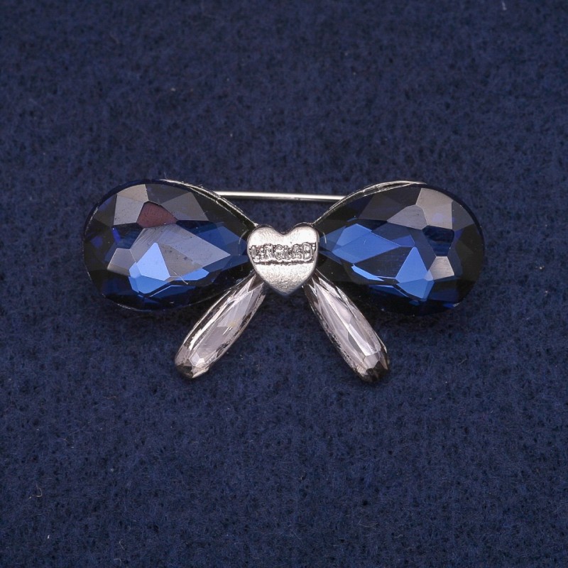 Sale! Bow Brooch with Blue Crystals, Silver Metal 20x40mm
