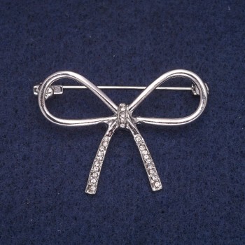 Discount! Bow Brooch with White Crystals, Silver-Tone Metal 30x41mm