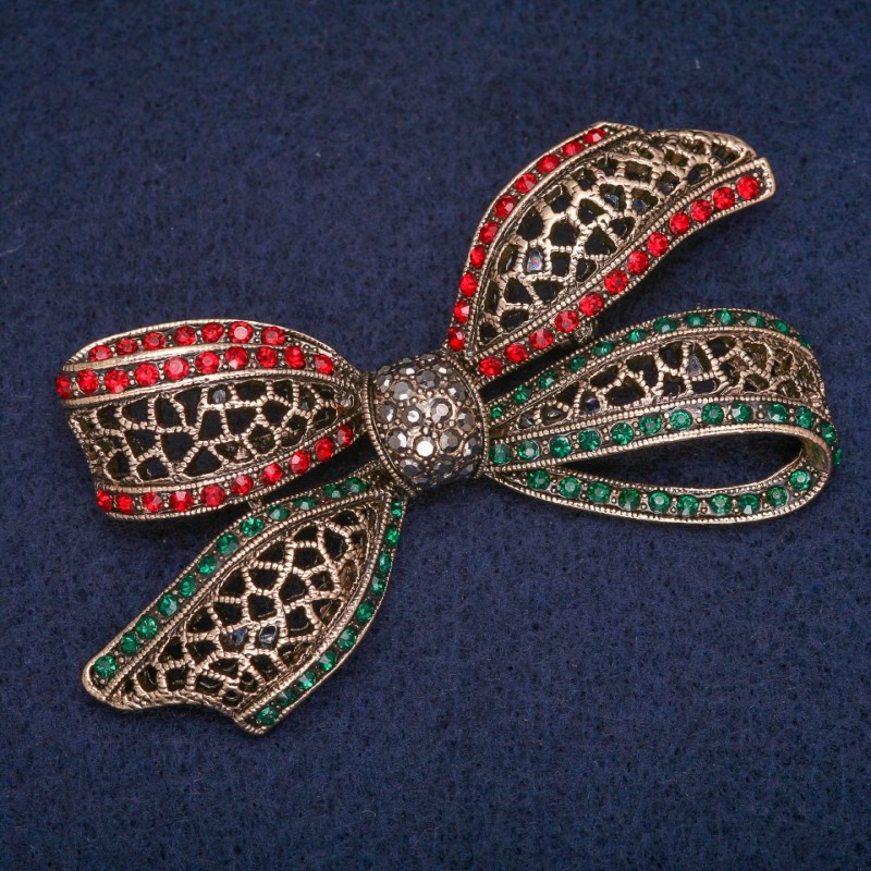 Sale! Bow Brooch with Green, Red, and Gray Crystals, Antique Gold Metal Finish 38x72mm