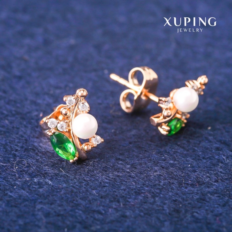 Xuping stud earrings with green crystals and Majorca pearl, diameter 8×13 mm, 18K gold plated