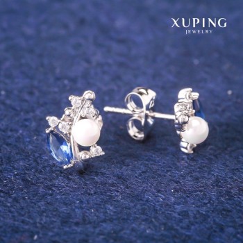 Xuping Stud Earrings with Blue Crystals and Majorca Pearls, 8x13 mm Rhodium-plated