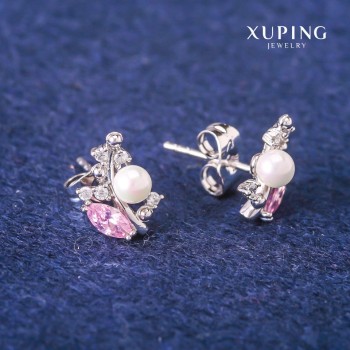 Xuping Stud Earrings with Pink Crystals and Mallorca Pearl, 8×13 mm Rhodium-plated