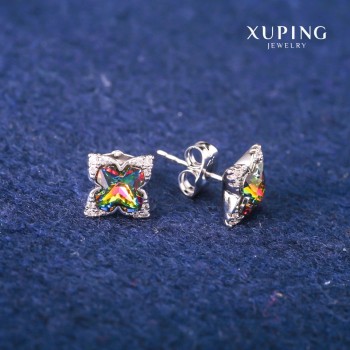 Sale! Xuping Stud Earrings with Swarovski Crystals, Rainbow Color, 9x13 mm, Rhodium-plated