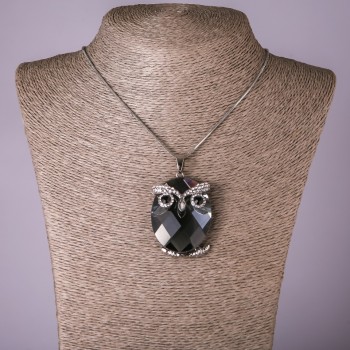 Owl Pendant on Chain with Gray Crystal, 35×52 mm Diameter, 75 cm Length