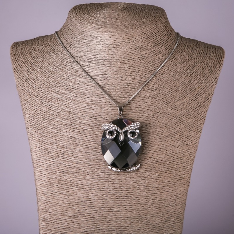 Owl Pendant on Chain with Gray Crystal, 35×52 mm Diameter, 75 cm Length