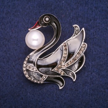 Discount! Brooch 'Black Swan' with enamel, crystals and bead, silver-tone metal 43x44mm