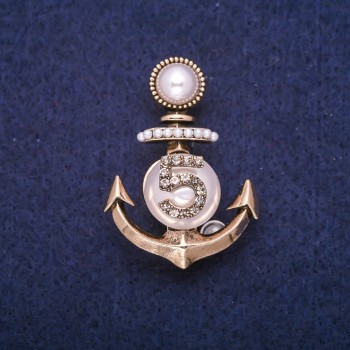 Sale! Clearance Brooch Anchor with beads and rhinestones, Golden metal 28x39mm
