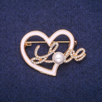 Discount! Heart Brooch with White Enamel, Crystals and Beadwork, Gold-Tone Metal 30x41mm