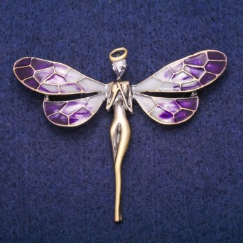 Fairy Brooch with Lilac Crystal and Enamel, Gold-Tone Metal 50x60 mm