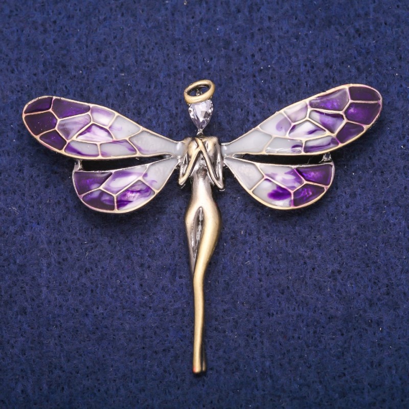 Fairy Brooch with Lilac Crystal and Enamel, Gold-Tone Metal 50x60 mm