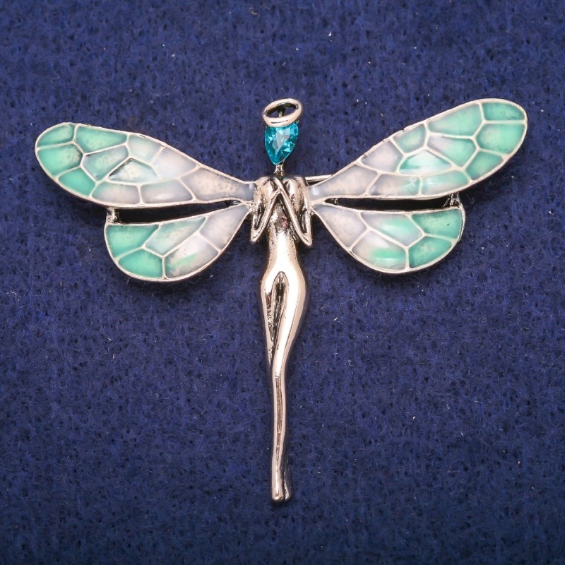 Brooch Fairy with Blue Crystal and Enamel, Golden Metal 50x60mm