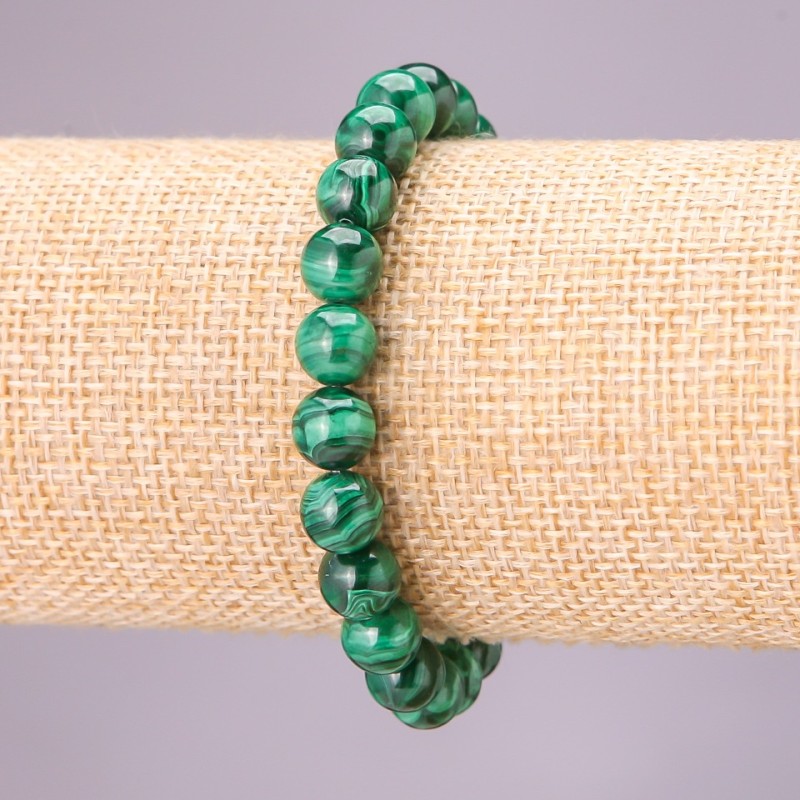 Malachite natural stone bracelet on elastic cord, smooth beads, 8 mm diameter, 18 cm length