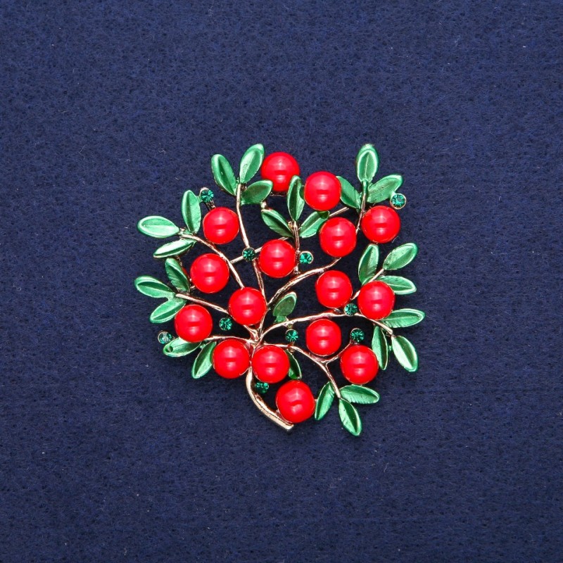 Brooch Twig with Coral, green enamel, gold-toned metal 51×53 mm