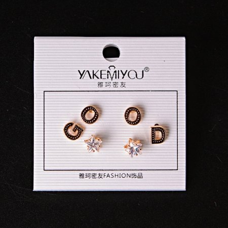 (5 mm) Stud earrings, letters 'GOOD' and a gold crystal