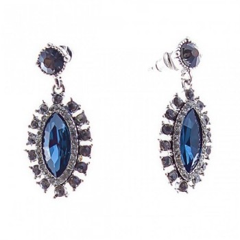 Stud earrings with oval pendants, blue crystals in a rhinestone setting, 35 x 17 mm