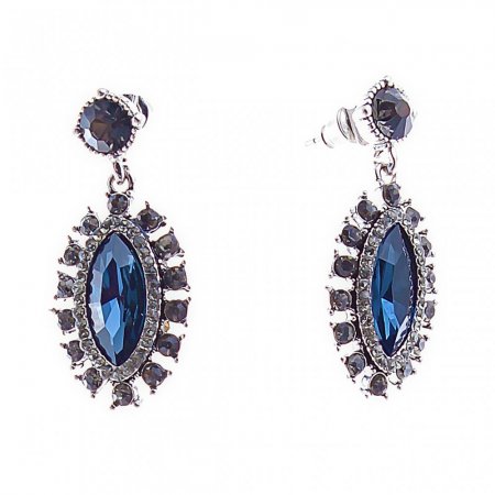 Stud earrings with oval pendants, blue crystals in a rhinestone setting, 35 x 17 mm