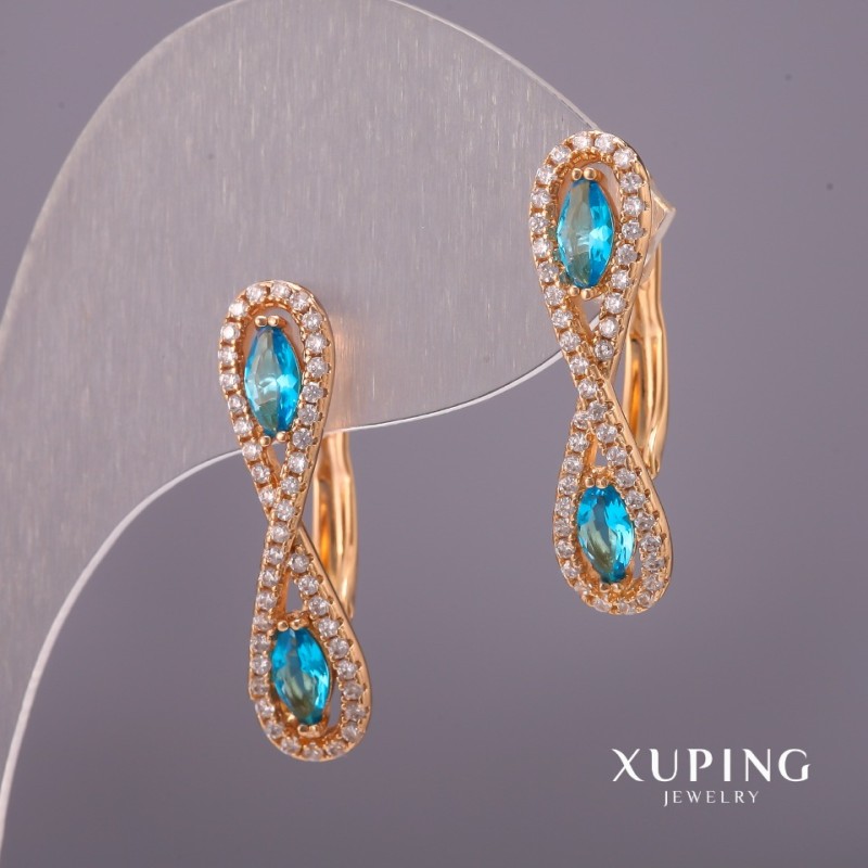 Xuping Earrings with White Crystals and Blue Stones, 6x25mm, 18K Gold Plating