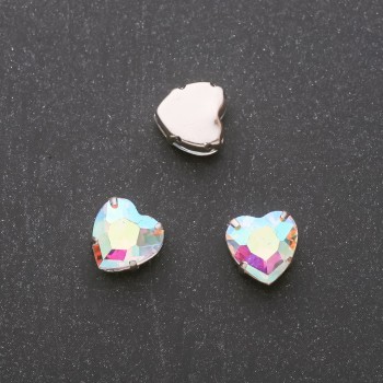 Price per pack / 10 pcs. Rainbow heart-shaped sew-on crystal with post, 12 mm