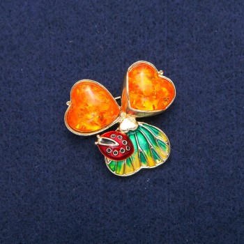 Brooch-Pendant Ladybug with Amber Cabochons (Imitation), Enamel, Golden Metal 35x37 mm