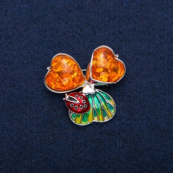 Brooch-Pendant Ladybug with Amber Cabochons (Imitation), Enamel, Silver-Tone Metal 35x37mm