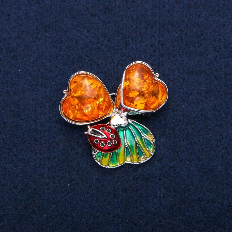 Brooch-Pendant Ladybug with Amber Cabochons (Imitation), Enamel, Silver-Tone Metal 35x37mm