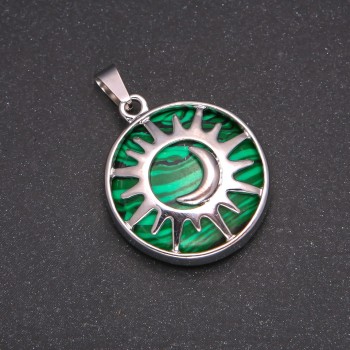Natural Malachite Pendant in Bezel Setting 'Sun', 27mm Diameter