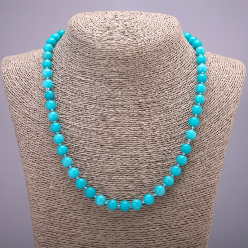 Aquamarine gemstone necklace with smooth beads, 8mm diameter, 48cm length