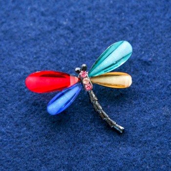 Dragonfly Brooch with Crystals, Silver-Toned Metal 32x43mm