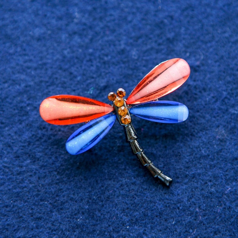 Dragonfly Brooch with Crystals, Silver-Toned Metal 32×43mm