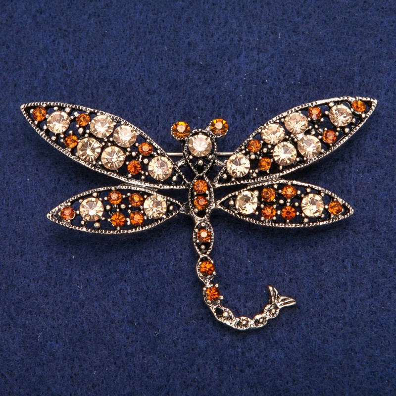 Discount! Dragonfly brooch with yellow crystals in golden metal 45×74 mm