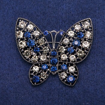 Sale! Butterfly brooch with gray and blue crystals, dark metal 48x56 mm