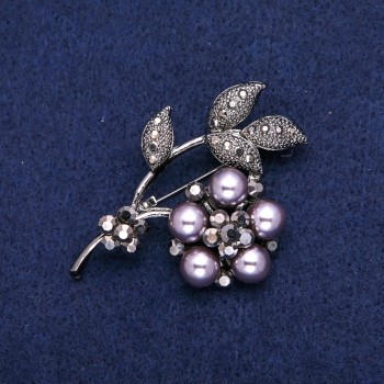 Discount! Flower Brooch with gray crystals and beads, dark metal 38x52mm