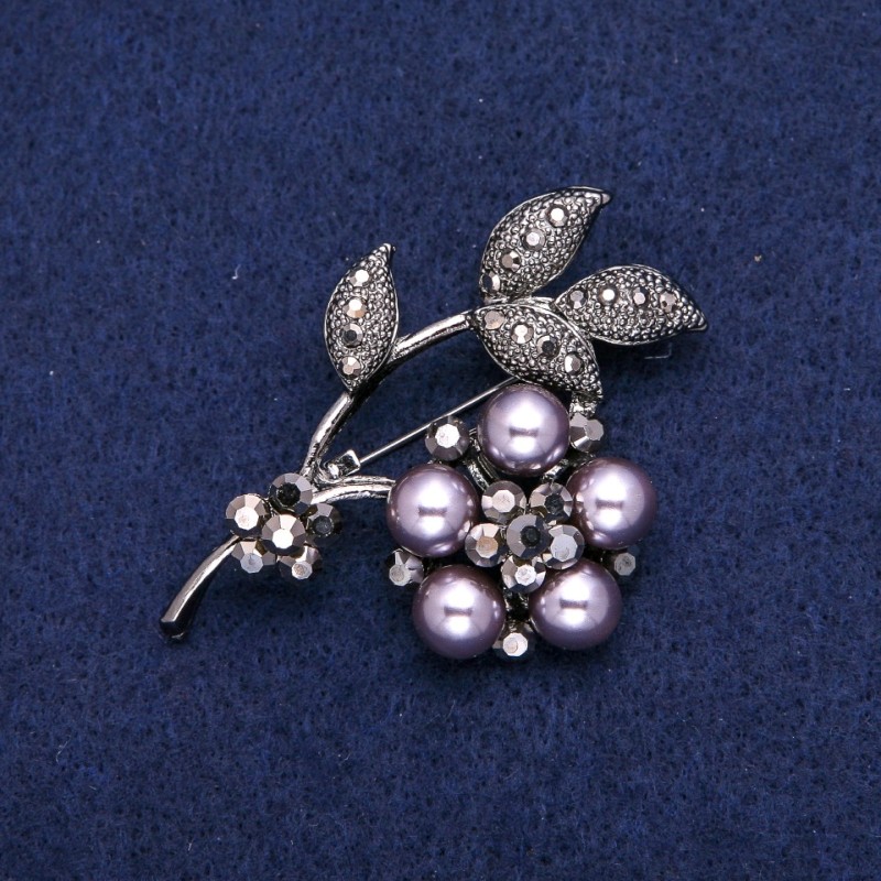 Discount! Flower Brooch with gray crystals and beads, dark metal 38x52mm
