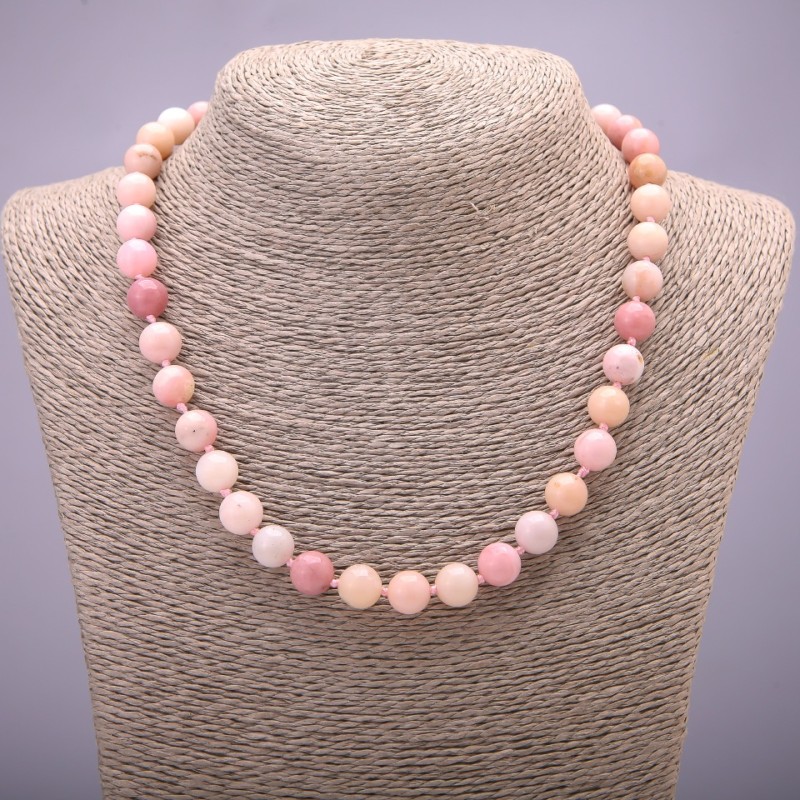 Natural Stone Necklace Pink Opal, Smooth Beads, Diameter About 10 mm, Length 45 cm