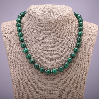 Malachite natural stone necklace with smooth beads, 10 mm diameter (±), 45 cm length