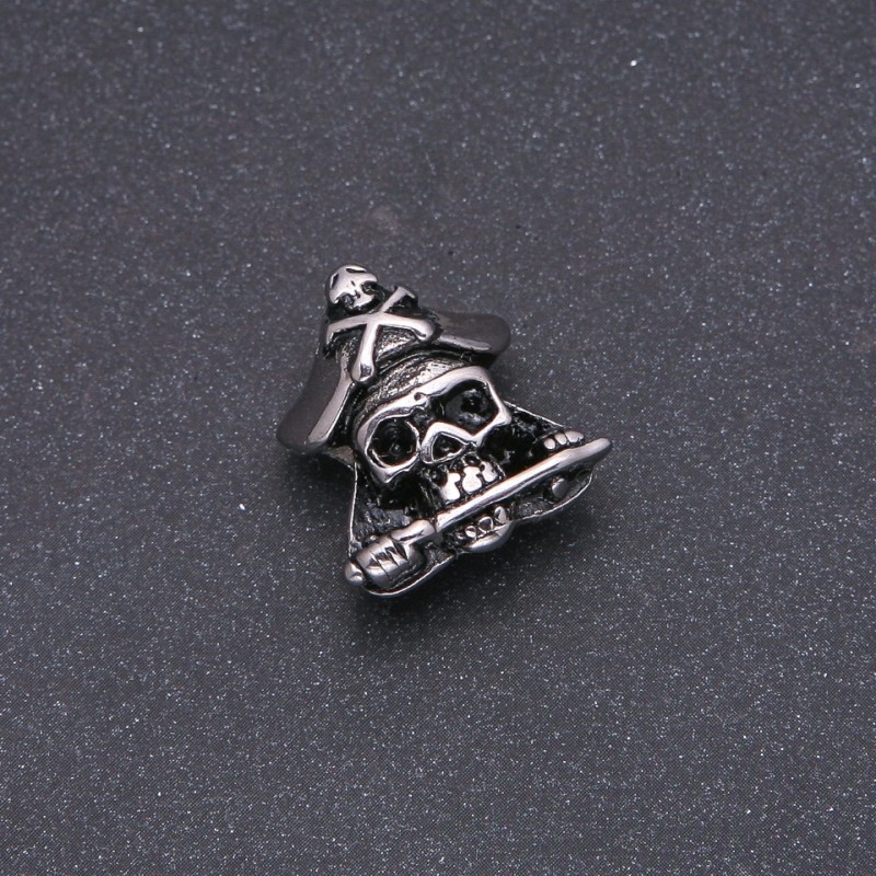 Bead insert, steel-thickness Pandora-style Pirate Skull, 17x22 mm, inner diameter 8 mm, silver metal